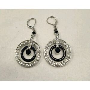 JOAN RIVERS Dangle Earrings 2" Drop Black Circle Inside Crystal Circle Leverback